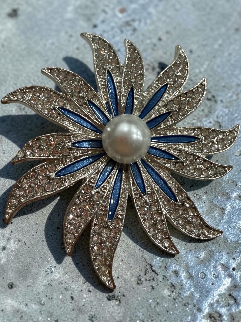 Crystal and Blue Enamel Flower Brooch with Faux Pearl Center